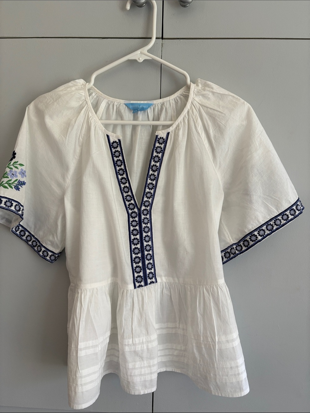 Draper James White Peplum Tunic with Navy Embroidery